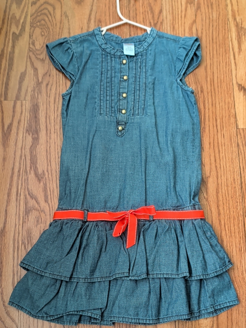 Girls Denim-Look Ruffle Dress with Red Belt